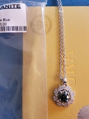 Silver-Tone Necklace with Deep Blue Crystal Halo Pendant